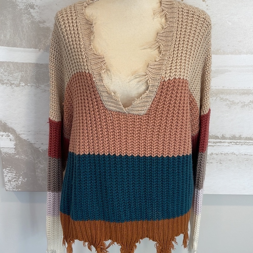 Women Distressed Multi Color Block Sweater - Picture 7 of 10